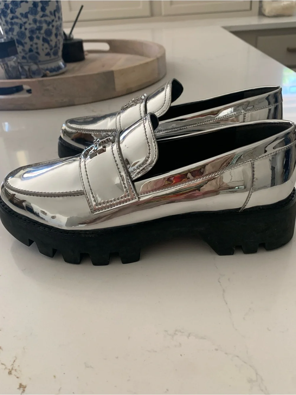 Tory Burch Metallic Silver Platform Classic Lug Loafers Shoes Size 7.5 M